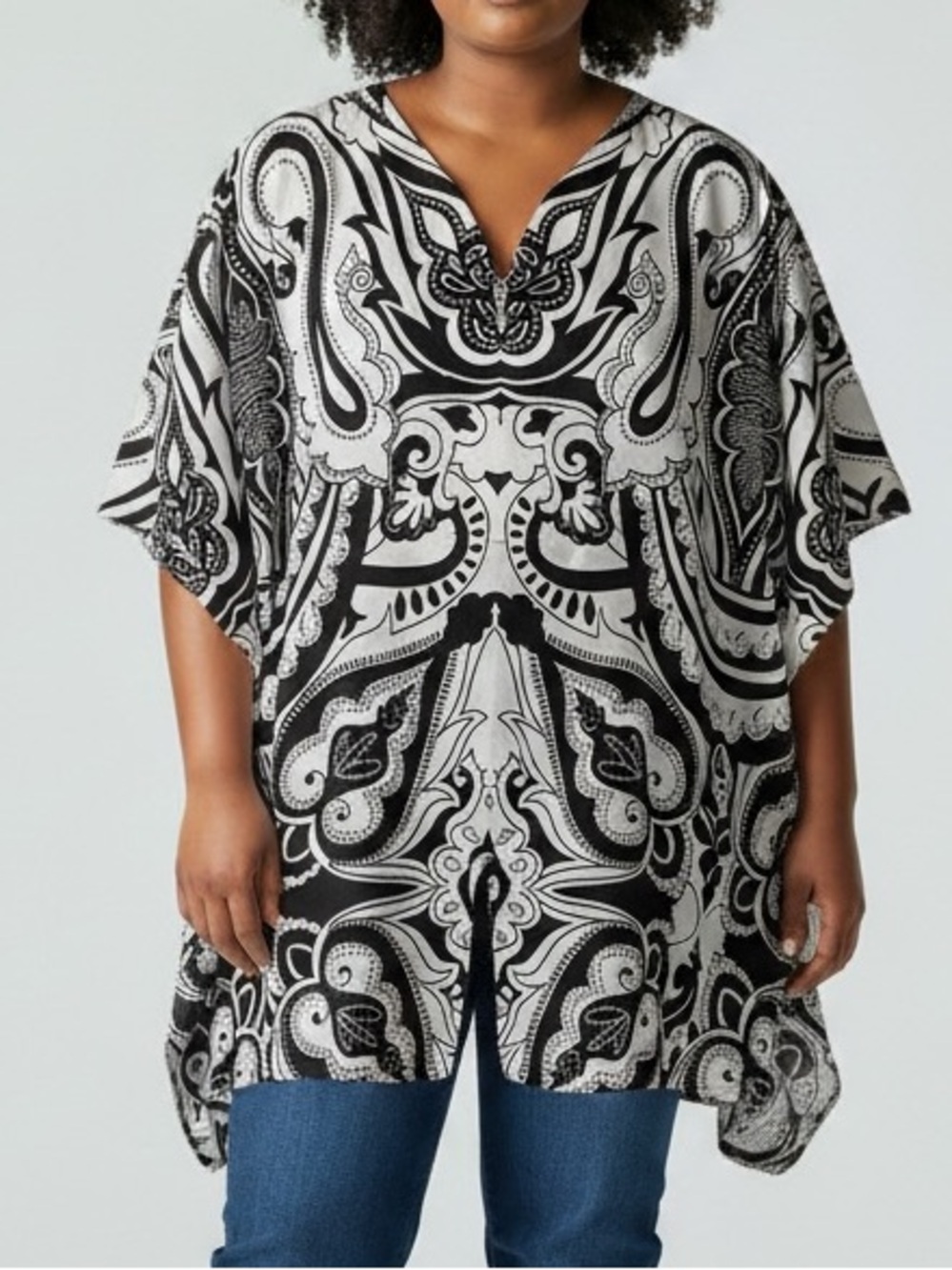Chico’s Black and White Paisley Tunic Kaftan Blouse Size 2 Reg 12/14 L